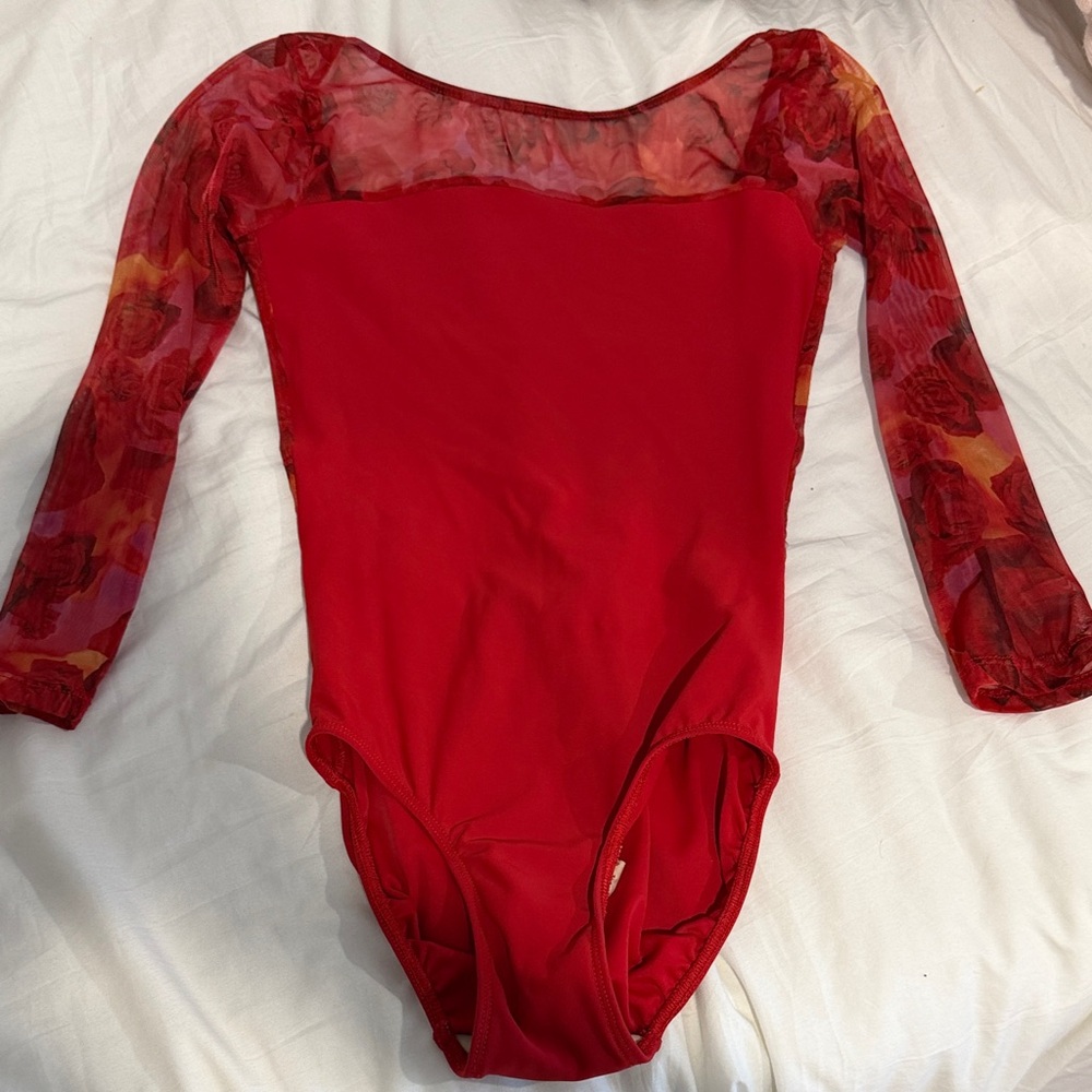 Eleve Dancewear Red Mesh Sleeve Leotard